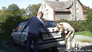 Guy caught doggystyling wife's old mom outdoors