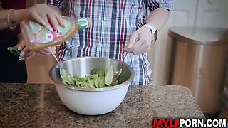 Stepson and stepmom get down and dirty with busty Latina MILF Juliett Russo in the kitchen