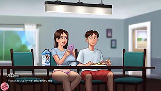 Jazziuu fucks her stepmom's big natural tits in bed - Summertime Saga MILF action