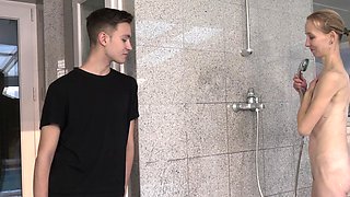 Mature Lucia Blava indulges in a steamy shower sex session with her slender lover