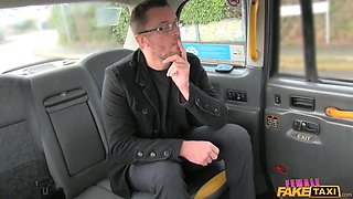 Busty British milf fucks news reporter on the backseat - girl faux cab