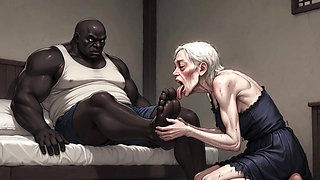 90 Year Old Granny Slave Licking Giant Black Man Feet - Wet Pussy Pleasure