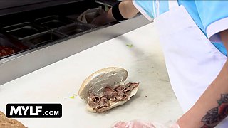 Mylf - big titted blondie milf Nina Elle whips her massive hooters out and makes teen stud cover them in jizz