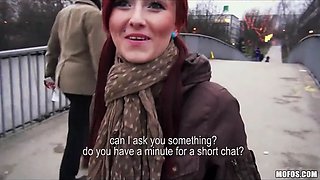 Czech red haired is paid money to demonstrate and suck dick in public