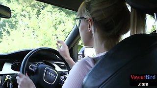 Outdoor voyeur GF teases her BF from car while he jerks cock