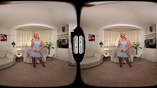 Jenny James Pinstripe Dress With Blue Glossy Tights/Pantyhose Treat - 8k Vr