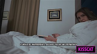 Stepmom Get Surprise Cum in Mouth When She Helps with Jerking to Step Son in Share Bed Before Fuck