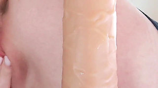Horny Blonde in Black Stockings Fucks Wall Dildo in Standing Doggy and Squirt Everywhere
