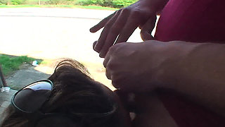 Picked up brunette teen blowing and riding two dicks