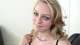 Aroused blonde takes monster inches in her shaved peach