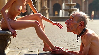 Submissive Man Worshipping Mistress Feet in Plaza