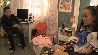 Petite Asian teen spreads her legs to take her stepfather's cock deep inside