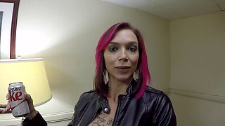 Public, big boobs, pink hair