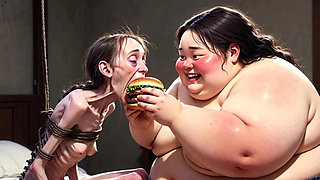 Skinny Girl Getting Fed by Huge Fat Woman - Contrast Feeding Fetish