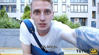 Tutor4k. fellow makes figure of teacher in stockings shake