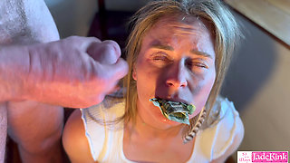 Stuffing dollar bills in Jade Kink wet pussy and facial cumshot