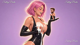 Anime Latex Mistress Kisses the Tiny Man on Her Palm While Milk Drips From Her Breasts