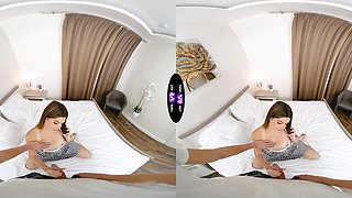 Natural tits of cute brunette in long hair during missionary sex