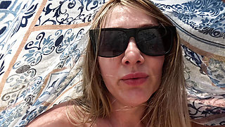 POV girl flashing pussy and ass on public beach