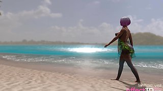 Big tits babe masturbating while futa babes fucking on the beach in a 3D Animation