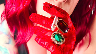 Stunnng Red Haired Cougar Tina Snua Smokes A Cork 100 Cigarette In Red Lace Gloves - Smoking OMI Snap Inhales Nose Exhales