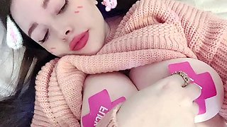 Busty curly brunette with big boobs fucks on couch