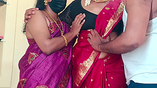 Sisters enjoying threesome romance in bed with neighbour batchelor men