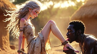 White Woman in Bondage - African Man Passionate Foot Licking