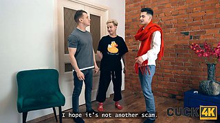 Cuck4k. Double Penetration threesome with hot russian dark haired and two strangers