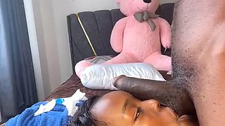 Sexy ebony girl asks her boyfriend to lick her pussy and then fists it, moaning in pleasure