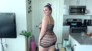 Erika Korti shows off in a fishnet sundress during her try-on haul, giving a glimpse of her wet pussy and big ass