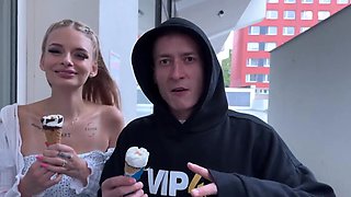 Skinny Czech GF deepthroats a huge cock in front of her BF