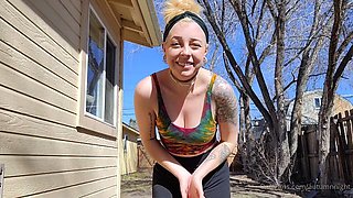Blonde is flashing her big boobs in the outdoors