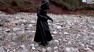 Gas Mask Goddess - Rubber Wetsuit & Pvc Mac Beach Tease