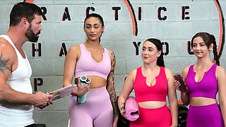 Girlfriends working hard for gym membership