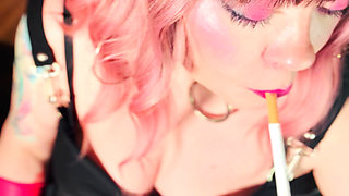 Super Delicious Tina Snua In Pink Latex Gloves & Jewellery Lights Up A Cig & Smokes For Her Fans!