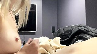 Blonde teen gives handjob and blowjob