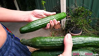 Hairy Brunette and Shaved Blonde Lick Each Other and Fuck Cucumber