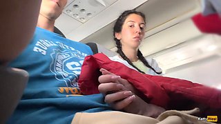 Brunettes Risky Public Plane Handjob Triggers Stranger Cumshot