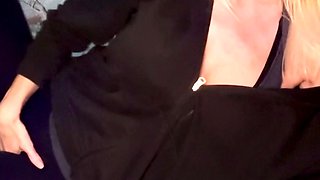 Vulva rubbing close up with blonde handling monster dildo