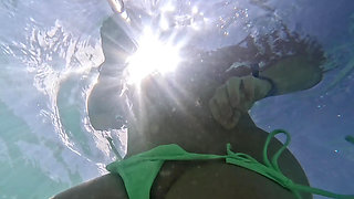 Naughty Blonde Pees in the Ocean Outdoor and Swimming Underwater