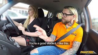 British blonde bombshell Georgie Lyall fucks an imposter in POV driving lesson