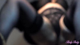 Curvy French MILF in black stockings gets wild on the table - Big natural tits & hairy bush