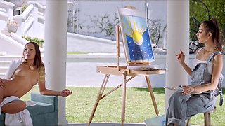 The girls are having fun with each other and a guy in sexy lingerie