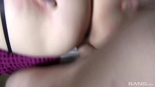 Anita Vixen holds her big boobs up to collect cum after anal sex