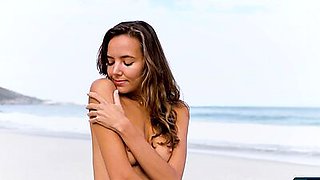 Petite Russian MILF babe Katya Clover beach bikini striptease for Playboy
