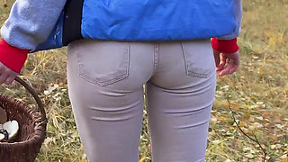Milf In Tight Pants Collecting Mushrooms In The Woods Ass Fetish