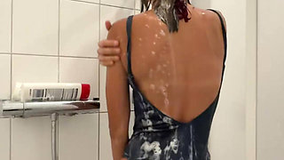 Clothed Shower in Swimsuit - Skinny Asian Wants You to Watch Her Petite Body in Soap Shower