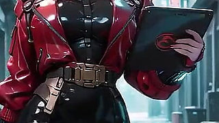 Red Leather Jacket Glistening Under Neon Rain, Kneeling Pose That Breaks the Armor