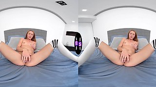 Redheaded Lucianna Luci's tiny titties bounce in VR as she pleasures herself noisily on the bed